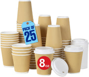 MARKQ 25 Sets 8 oz. Brown Disposable Ripple Insulated Coffee Cups with Lids - Hot Beverage Corrugated Paper Cups - 8 oz.