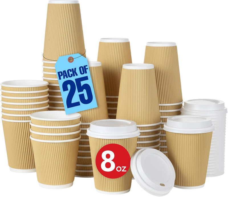MARKQ 25 Sets 8 oz. Brown Disposable Ripple Insulated Coffee Cups with Lids - Hot Beverage Corrugated Paper Cups - 8 oz.
