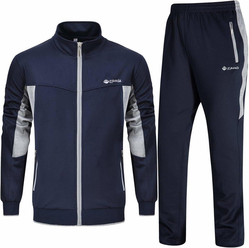 Men's Tracksuit Athletic Full Zip Casual Sports Jogging Gym Sweatsuit - 01navy+grey(1jacket+1pants)