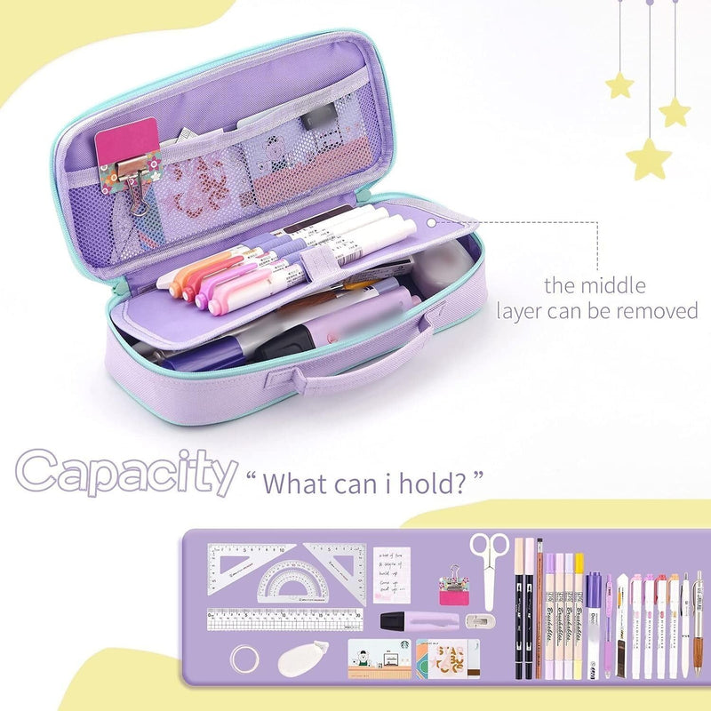 Pencil Case for Girls, Cute Unicorn Pencil Pouch, Large Capacity Washable Canvas Pen Bag, Multifunctional Compartments with Handle for Girls Kids Teens