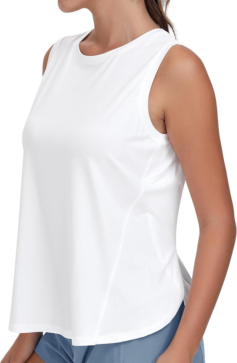 Women's Workout Tank Tops Loose Fit Sleeveless Breathable Yoga Shirts with Side Slits - White