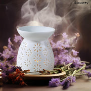 Beauenty Oil Candle Warmers, Ceramic Tealight Holder, Aroma Oil Burner, Aromatherapy Stove. White Carved Petal (Style 2)