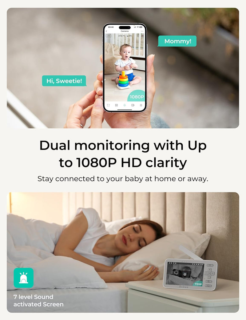 Dr.Care VistaView Lite Smart WLAN Baby Monitor - 4 Inch 720P Split Screen & 1080P Camera, App Control, Motion Alarms, HD Night Vision, 3000 mAh Battery, 2-Way Audio, Multi-User, Triple Security, 1000