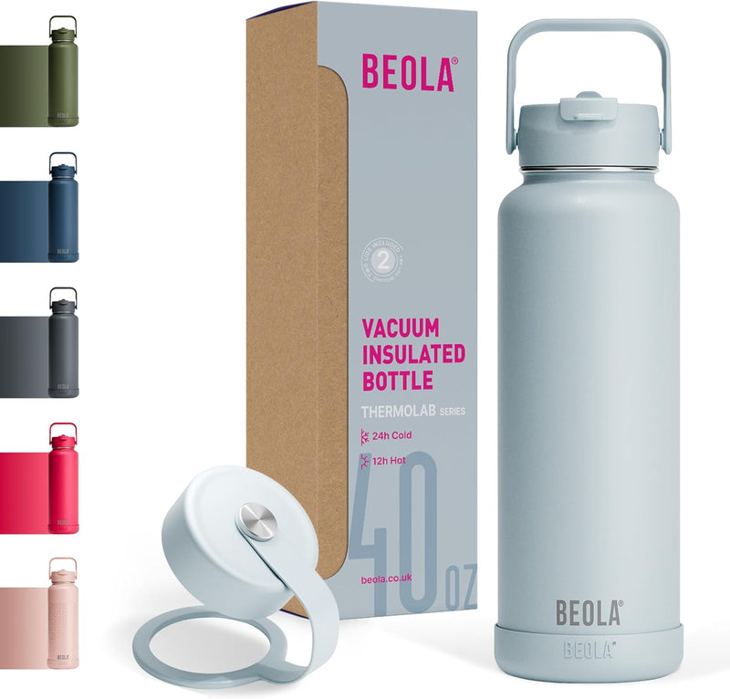 1200ml Water Bottle 18/8 Stainless Steel 304 Double Wall Insulated thermo Bottle with a wide mouth, 2 lids included, Hot Cold Liquids Sports Bottle, 40oz (Sage Mist) - Ice Blue