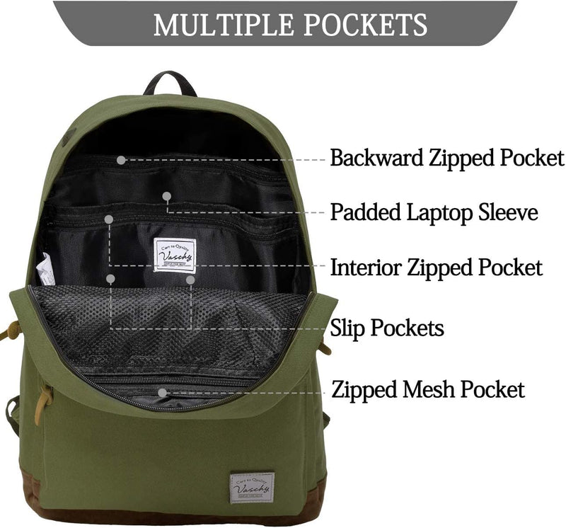 VASCHY Men's Backpack, Women's Waterproof School Bag, Boy Girl Computer 15.6 Inch Vintage for School, College, Work, Travel, Leisure