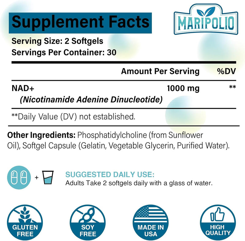 Maripolio Liposomal NAD+ Supplement 1000 mg Highest NAD Pontecy Max Absorption Pure NAD Supplement Energy and DNA Repair, Aging Defense, Brain Function 60 Softgels