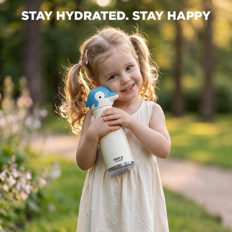 Kids Water Bottle 460ml Insulated Stainless Steel - AMICA STUDIO (Dinky Dolphin)