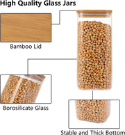 SKY-TOUCH Glass Food Storage Jars Containers set 1.5L,with Airtight Bamboo lids Set of 4,for Spices Noodles Flour Cereal Rice Sugar Tea Coffee Beans, Square (4 Pack, 1500ml)