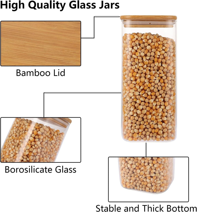 SKY-TOUCH Glass Food Storage Jars Containers set 1.5L,with Airtight Bamboo lids Set of 4,for Spices Noodles Flour Cereal Rice Sugar Tea Coffee Beans, Square (4 Pack, 1500ml)