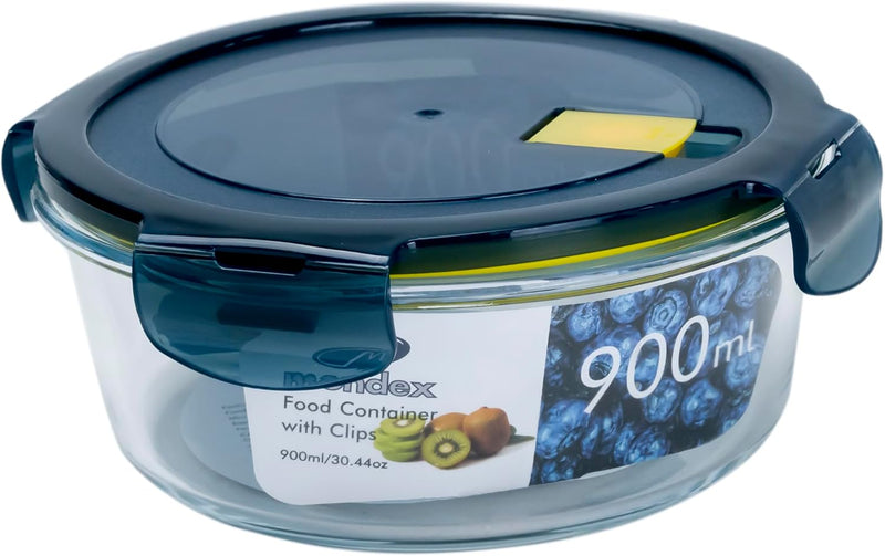 Mondex Borosilicate Glass Round Food Saver with food Storage Container Lunchbox 600ml Capacity, Openable and Secure Air Vent, Silicone Seal, Plastic Lid - Round 900ml