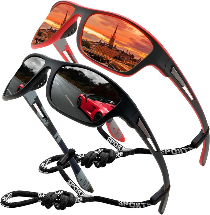 Sports Sunglasses Polarized For Mens Womens Driving Fishing Running Wrap Around Sun Glasses Unbreakable Frame Goggles with Glasses rope Strap UV Protection