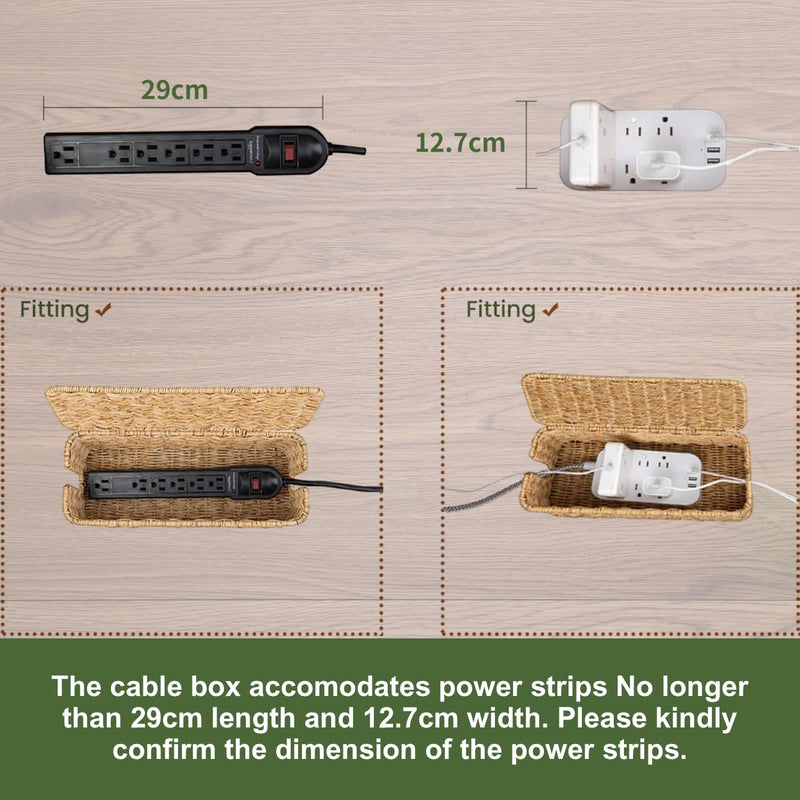 Cable Management Box, Handmade Rattan Cable Organizer, 2 Open Slots Cords Hider Box, Under Desk Cord Organizer for Computer Router Power Strip
