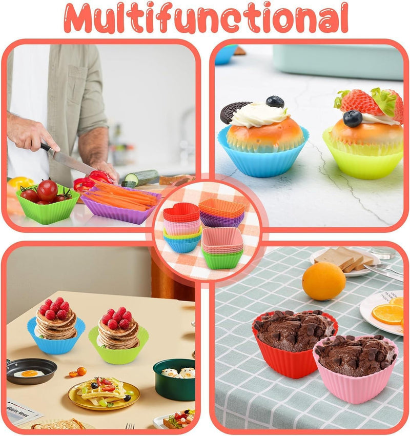 40 Pcs Durable Thick Reusable Silicone Cupcake Liner Set Non-Stick Muffin Cups in Square, Heart, Rectangle and Circle Shapes,Bento Lunch Box Accessories