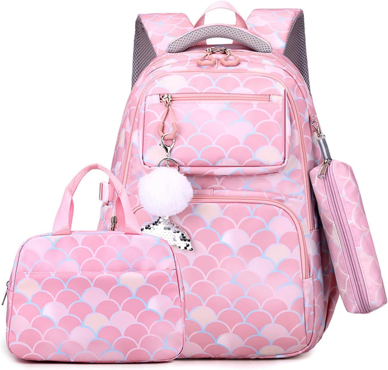 School bags for girls,Kids Backpacks Set of 3pcs,Large-capacity waterproof Backpack,Kids School Bag with Lunch Bag and Pencil Case,School Backpack for boys girls - Pi