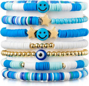 Shining Diva Fashion 7Pcs Combo Latest Stylish Beach Surfer Bracelets Set Colorful Preppy Heishi Bracelet Multilayer Boho Happy Smile Heart Star Stretch Beaded Bracelets Evil Eye Stackable - Blue