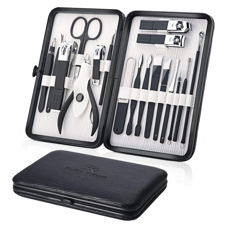 Keiby Citom Professional Nail Clipper Set - 18pcs Stainless Steel Manicure & Pedicure Kit with Case for Travel (Black)