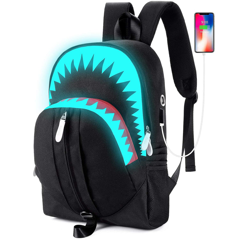 WVHTHVW Shark School Bag for Boys 12-14, Black Laptop Backpack for Boy, Noctilucent Cool Back Bag for Kids Back to School Travel (Black)