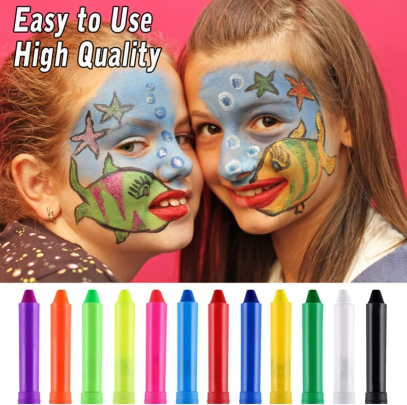 12 Colors Face Paint Crayons for Kids, Face & Body Paint Sticks, Halloween and Party Makeup, Non-Toxic Washable Face Painting, Water Based Twist up Face Painting Crayons