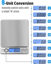 NEXT-SHINE Digital Kitchen Scale 500 x 0.01 Gram, Pocket Size with PCS Tare Switch Weighing Units Function, Stainless Steel Platform