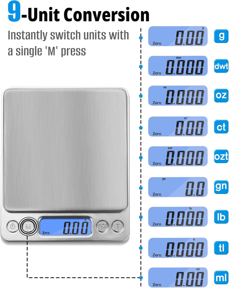 NEXT-SHINE Digital Kitchen Scale 500 x 0.01 Gram, Pocket Size with PCS Tare Switch Weighing Units Function, Stainless Steel Platform