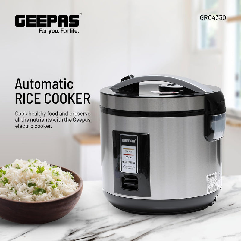 Geepas 1.8L Stainless Steel automatic Rice Cooker- GRC4330| 762W, Non-Stick Inner Pot, Stainless Steel BodyMake Rice and Steam Healthy Vegetables | 2-Year Warranty