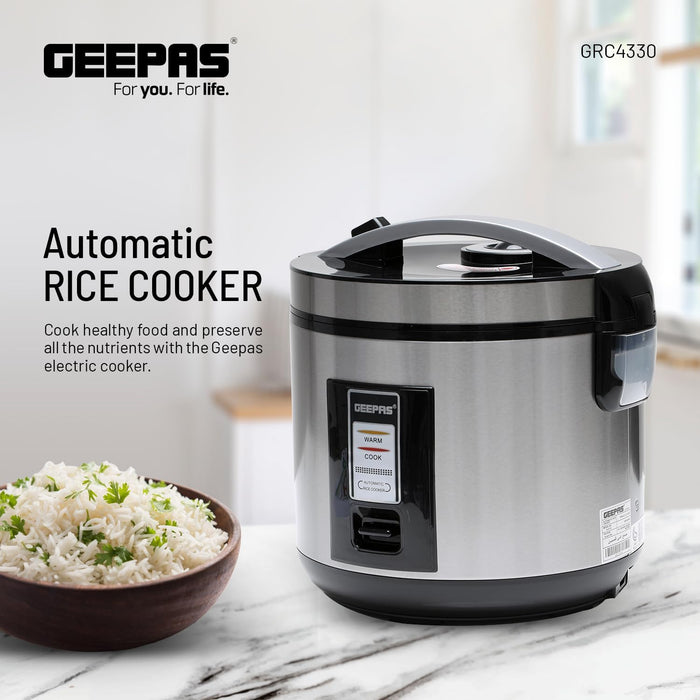 Geepas 1.8L Stainless Steel automatic Rice Cooker- GRC4330| 762W, Non-Stick Inner Pot, Stainless Steel BodyMake Rice and Steam Healthy Vegetables | 2-Year Warranty