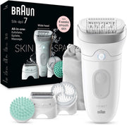 Silk-épil 7 SE 7-041 Wet & Dry Epilator, Wide Head, Shaver & Trimmer Head, German Made, +4 Extras, Smart Light, 40 MicroGrip Tweezers, Rechargeable Hair Removal Device - White - SE 7-081