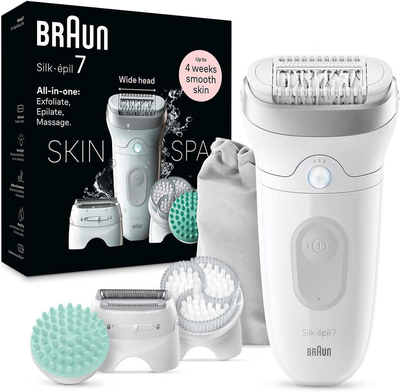 Silk-épil 7 SE 7-041 Wet & Dry Epilator, Wide Head, Shaver & Trimmer Head, German Made, +4 Extras, Smart Light, 40 MicroGrip Tweezers, Rechargeable Hair Removal Device - White - SE 7-081