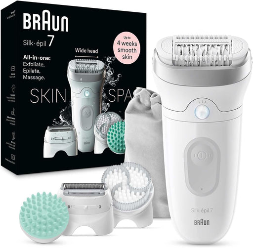 Silk-épil 7 SkinSpa 7-081 All in One Wet & Dry Epilator, Exfoliation Brush, Massage Pad, Wide Head, Shaver & Trimmer Head, German Made, +6 Extras, Rechargeable Hair Removal Device - White - SE 7-081