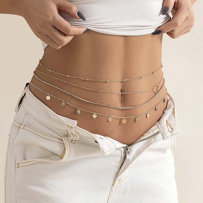 Waist Chain for Women, Metal Waist Chain Belts Set of 4, Gold Body Jewelry for Beach Parties and Evening Events, Alloy Material Layered Design for Daily Wear and Special Occasions
