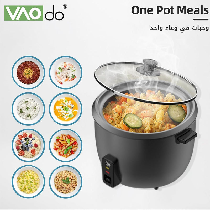 VAODO 1.8L Rice Cooker Steamer, with Removable Nonstick Pot and Water Level Indicator, Mini Rice Cooker with Glass Lid, Auto Keep Warm, for Soups, Stews, Grains & Oatmeal, Cooking Turner