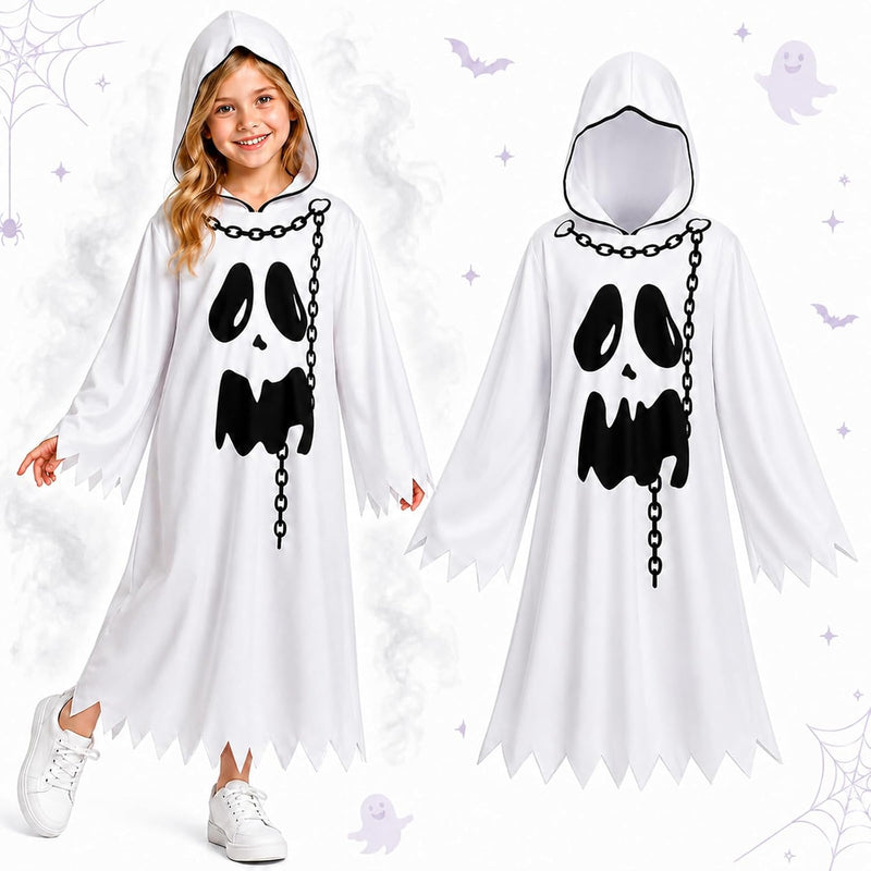 Yoawllty Halloween Costume for Kids,Hooded Ghost Robe, Spooky Fancy Dress Outfit for Halloween Parties and Cosplay - white