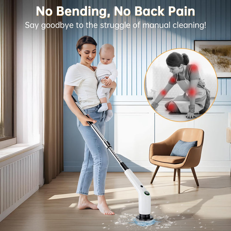 PUFTEM Electric Spin Scrubber, Cordless Shower Scrubber with 8 Scrub Brush, 2 Speed with Adjustable Extension Handle, Battery Level Display, Power Scrubber for Bathroom Bathtub Tile Floor, Black - Black