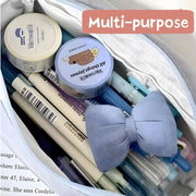 Cute Bow Pencil Case for Girls, Durable Single Compartment Stationery Organizer Pouch for School, Art, and Travel, with Small Pocket and Bonus Animal Erasers Ideal Gift for Students