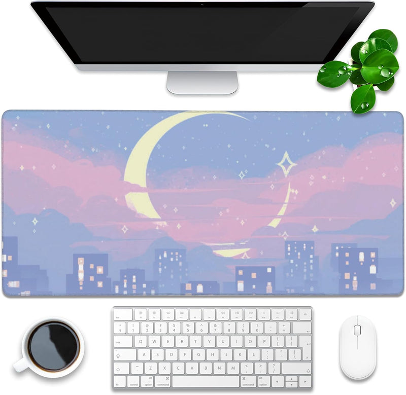 Desk Pad, Green Honeycomb Science Technology Extended Gaming Mouse Pad Large, 35.4"x15.7" Big Mouse Pad with Non-Slip Base and Stitched Edge, Long Computer Keyboard Mouse Mat for Home Office Work - 35.4"x15.7" Moon Night Scene