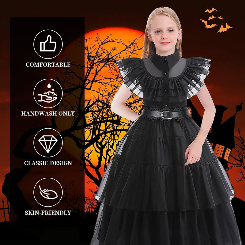 14 Pack Wednesday Black Costume, Wednesday Girls Dress, Kids/Teens Black Family Costumes, Girls Halloween Costumes Perfect for Halloween, Cosplay, and Parties