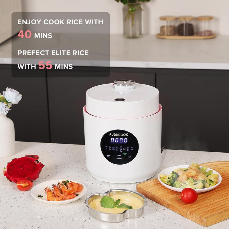 Audecook Low Sugar Rice Cooker ,AC1508,Compact Design Pressure Rice Cooker, Easily Steams Steel and Rolled Oats, With Low Carb Rice Cooker Steamer Set (White)