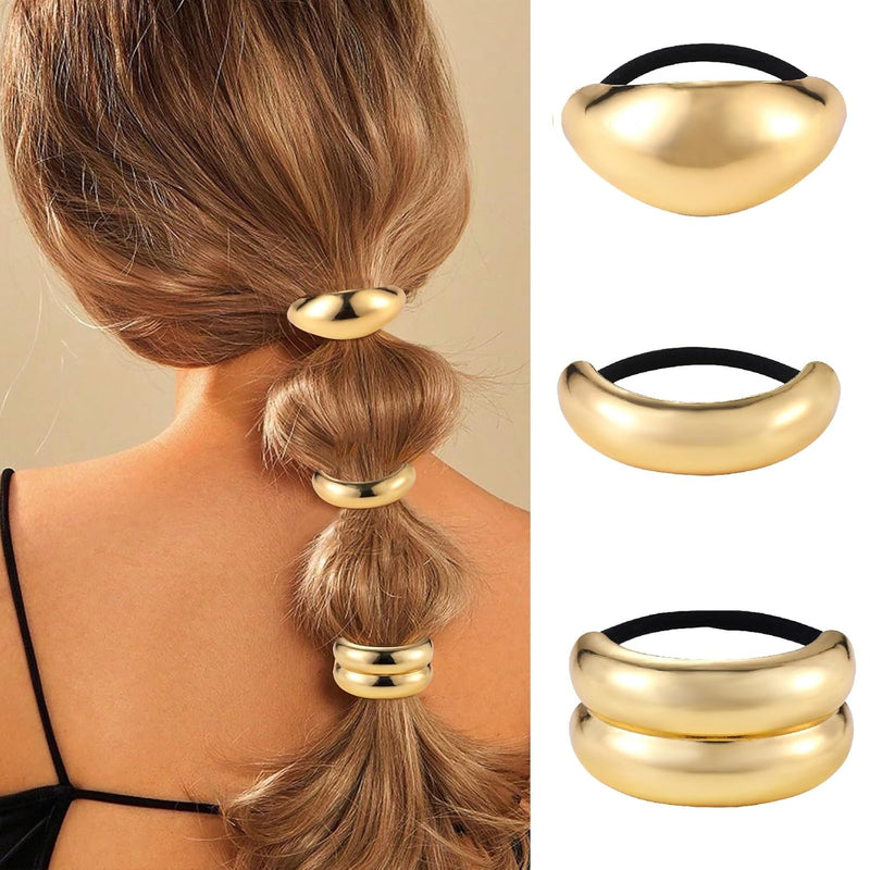 papasgix 3 Metal Hair Ties, Ponytail Cuffs - Gold & Silver Hair Accessories for Women (Gold Set 01)