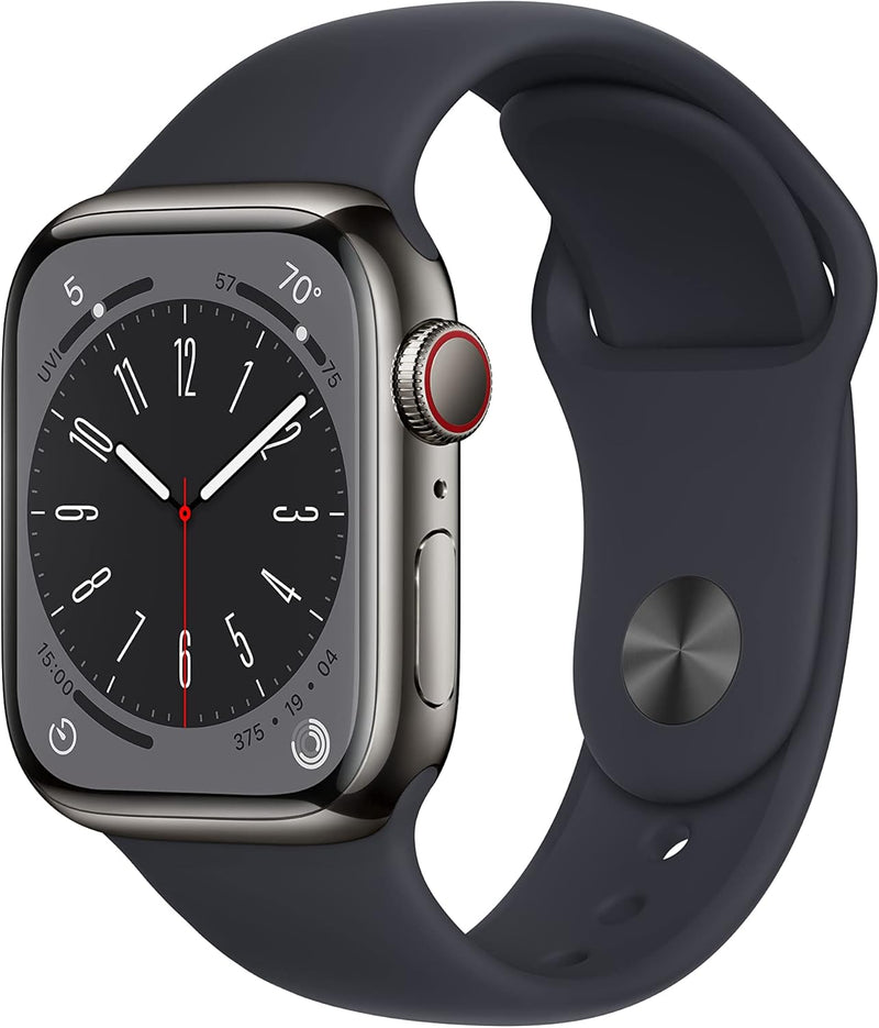 Apple New Apple Watch Series 8 (GPS + Cellular 45mm) Smart watch - Silver Stainless Steel Case with White Sport Band - Regular. Fitness Tracker, Blood Oxygen & ECG Apps, Water Resistant (Renewed)