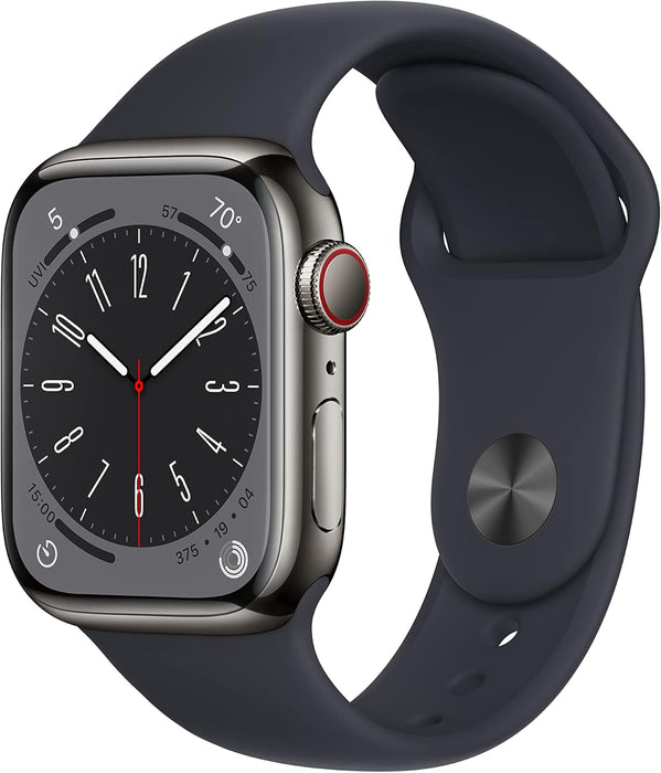 Apple New Apple Watch Series 8 (GPS + Cellular 45mm) Smart watch - Silver Stainless Steel Case with White Sport Band - Regular. Fitness Tracker, Blood Oxygen & ECG Apps, Water Resistant (Renewed)