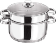 Vinod Stainless Steel 2-Tier Steamer 20cm Vegetable, Momo Steamer with Glass Lid, Sturdy Handle, Induction & Gas Friendly Perfect for Couscous, Dumplings & Rice Dishes