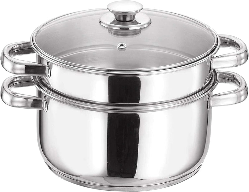 Vinod Stainless Steel 2-Tier Steamer 20cm Vegetable, Momo Steamer with Glass Lid, Sturdy Handle, Induction & Gas Friendly Perfect for Couscous, Dumplings & Rice Dishes