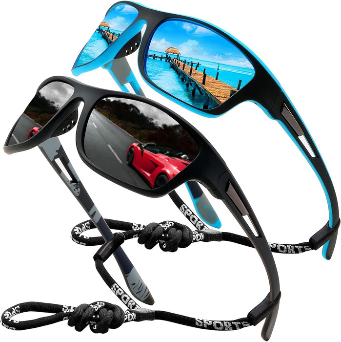 Sports Sunglasses Polarized For Mens Womens Driving Fishing Running Wrap Around Sun Glasses Unbreakable Frame Goggles with Glasses rope Strap UV Protection