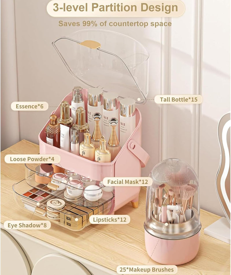 U-HOOME Makeup Organizer Skincare Organizers,Cosmetic Storage with Three Tier Storage Box and Brush Storage Box Cosmetic Display Cases for Bathroom Countertop,Bedroom Vanity Desk and Travel (White)