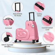 Kids Ride-On Luggage with Spinner Wheels - 20" Carry-On Trolley Suitcase with Password Lock,Help Your Child Relax Anti-Rollover Design & Safety Belt for Travel (Pink)