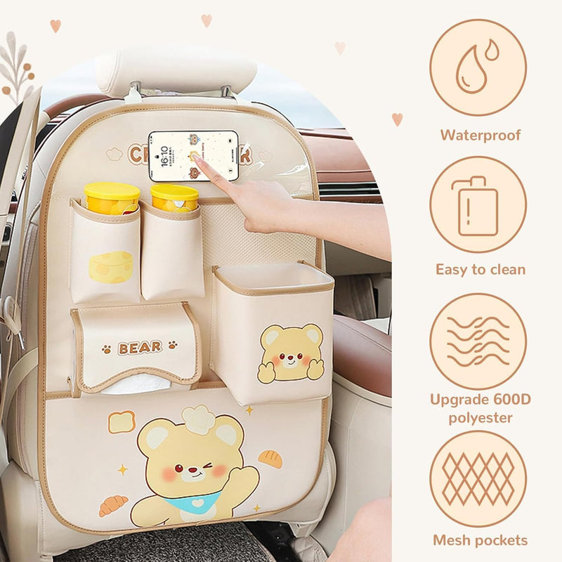 Backseat Car Organizer with Waterproof Built-in Bucket, 7 Storage Pockets, Back Seat Protector and Travel Accessories for Kids