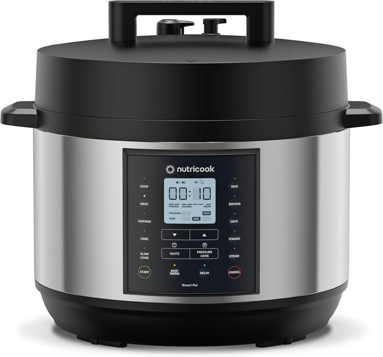 Nutricook Smart Pot Eko, 1000 Watts - 9 In 1 Instant Programmable Electric Pressure Cooker, 6 Liters, 14 Smart Programs, Brushed Stainless Steel/Black, 2 Years Warranty, Silver/Black