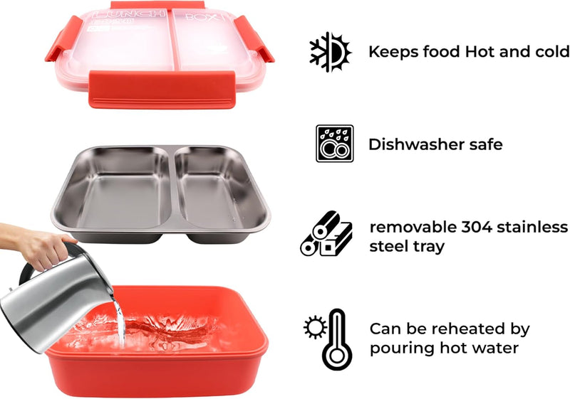 Stainless Steel 2 Compartments Bento Lunch Box with Removable Inner Tray - Insulated, Leak Proof Bento Box for Kids, Adults - Multifunctional Air Tight Food Container (RED), 22167.5cm