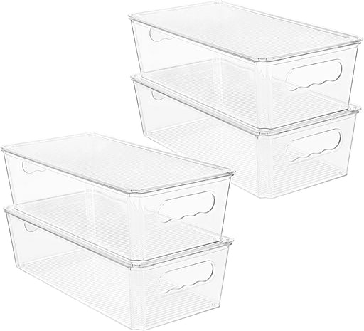 Vtopmart 4 PCS Clear Fridge Organizers and Storage Bins with Lids, Stackable Plastic Containers Boxes with Handles for Fridge, Freezer, Pantry, Cabinet, Kitchen Organization - 4pack12''w