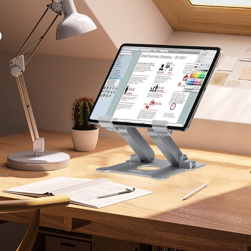 KABCON Tablet Stand Holder, Kabcon Multi-angle Adjustable Aluminum Tablets Holder for Microsoft Surface Pro Pro1 Pro2 Pro3 Pro4, 6-12in iPad, Air, Mac & Kindle, Mount for Home, Office & Count - Large-Silver
